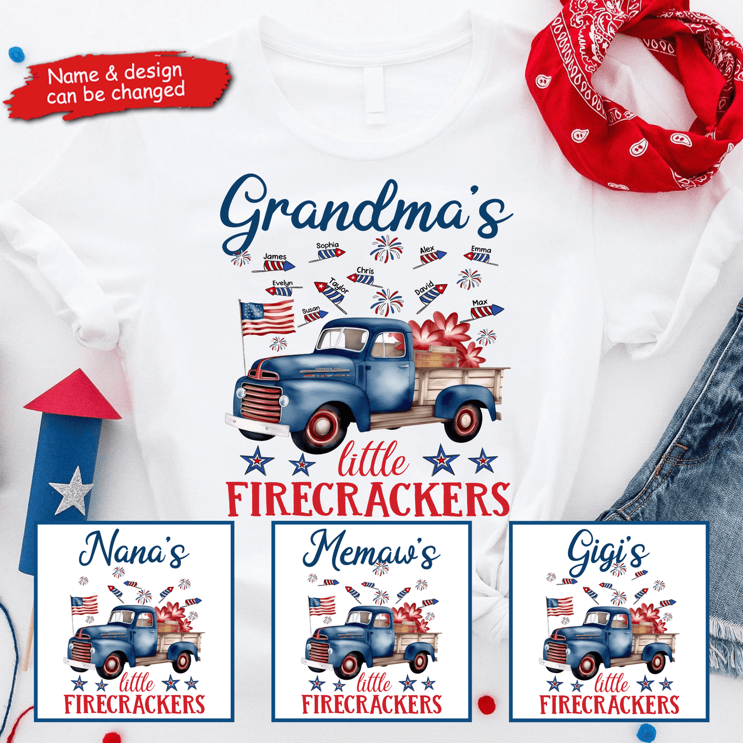 Grandma's Little Firecrackers - Personalized Custom Kid Names T Shirt - Patriotic, Fourth 4th Of July, Independence Day, Birthday, Loving, Funny Gift for Grandma/Nana/Mimi, Mom, Wife, Grandparent