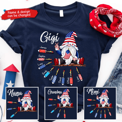 Fourth 4th Of July Gnome Grandma's Firecrackers - Personalized Custom Kids Names T Shirt - Independence Day, Birthday, Loving, Funny Gift for Patriotic Grandma/Nana/Mimi, Mom, Wife, Grandparent