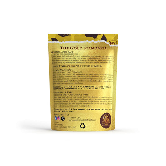 Yellow package of 'The Gold Standard' coffee on a white background