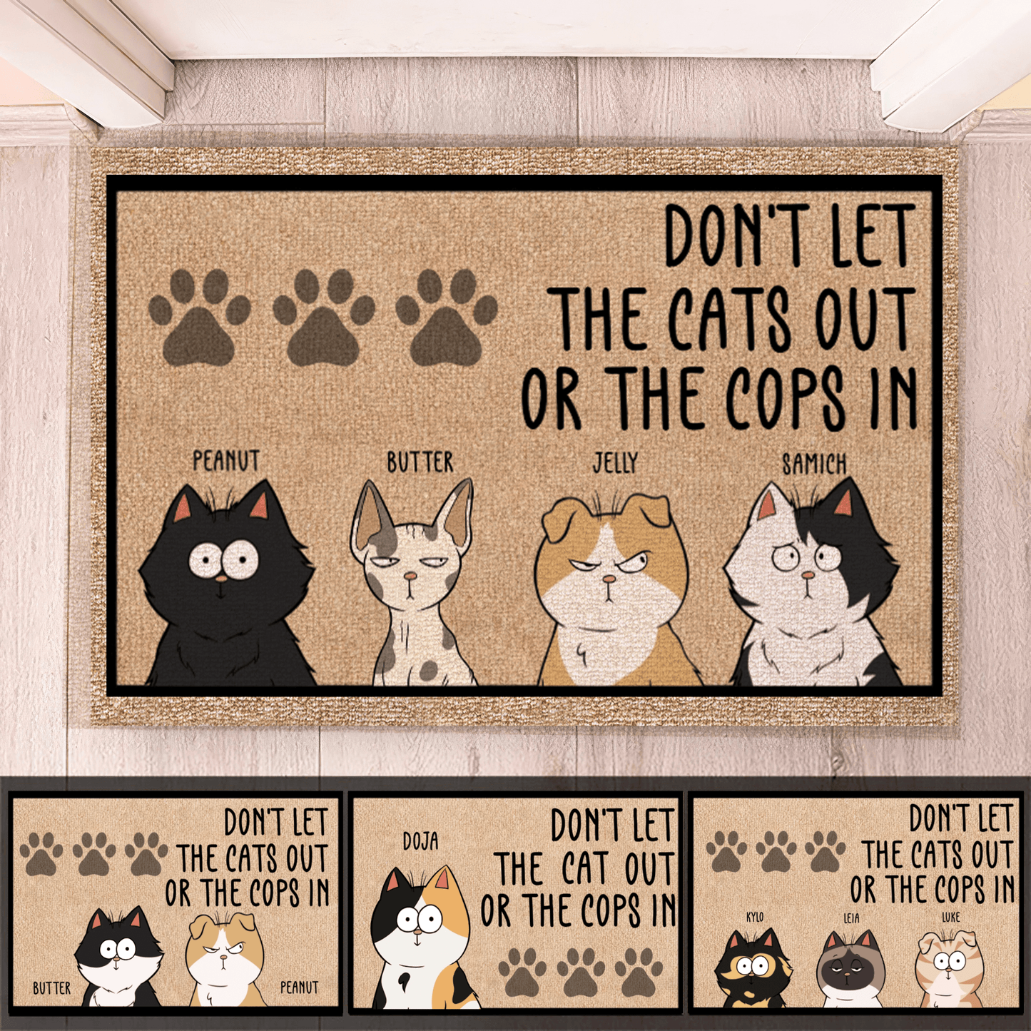 Personalized Doormat - Don't Let The Cats Out Or The Cops In - Custom Gift for Cat Lovers, Owner, Cat Dat, Cat Mom, Friends | Housewarming
