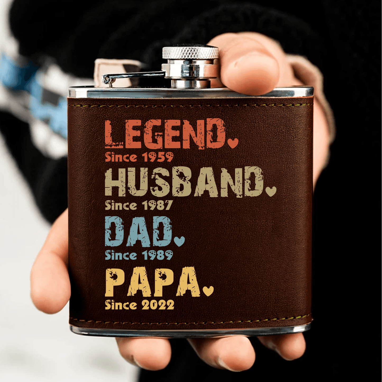 The Amazing Journey Of A Man - Personalized Custom Year Leather Hip Flask - Father's Day Gift for Family Members Grandpa, Dad, Boyfriend, Husband, Uncle