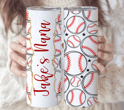 Doodle Sport Ball - Personalized Custom 20oz Skinny Tumbler Cup - Baseball/Softball Gift for Sport Grandma/Nana/Mimi, Mom, Wife, Grandparent, Granddaughter