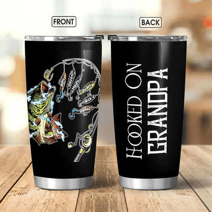Hooked on Dad Fishing Dad Pun - Funny Fathers Day - Personalized Custom 20oz Fat Tumbler Cup - Birthday, Loving, Funny Gift for Grandfather/Dad/Father, Husband, Grandparent
