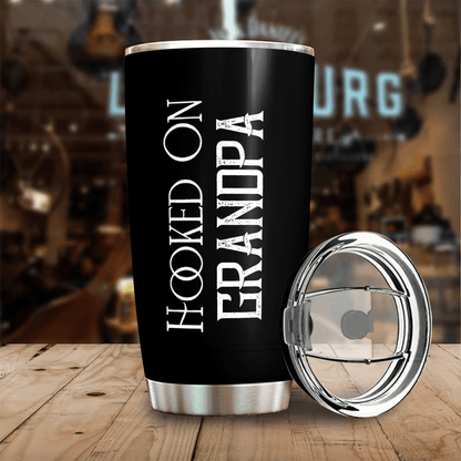 Hooked on Dad Fishing Dad Pun - Funny Fathers Day - Personalized Custom 20oz Fat Tumbler Cup - Birthday, Loving, Funny Gift for Grandfather/Dad/Father, Husband, Grandparent