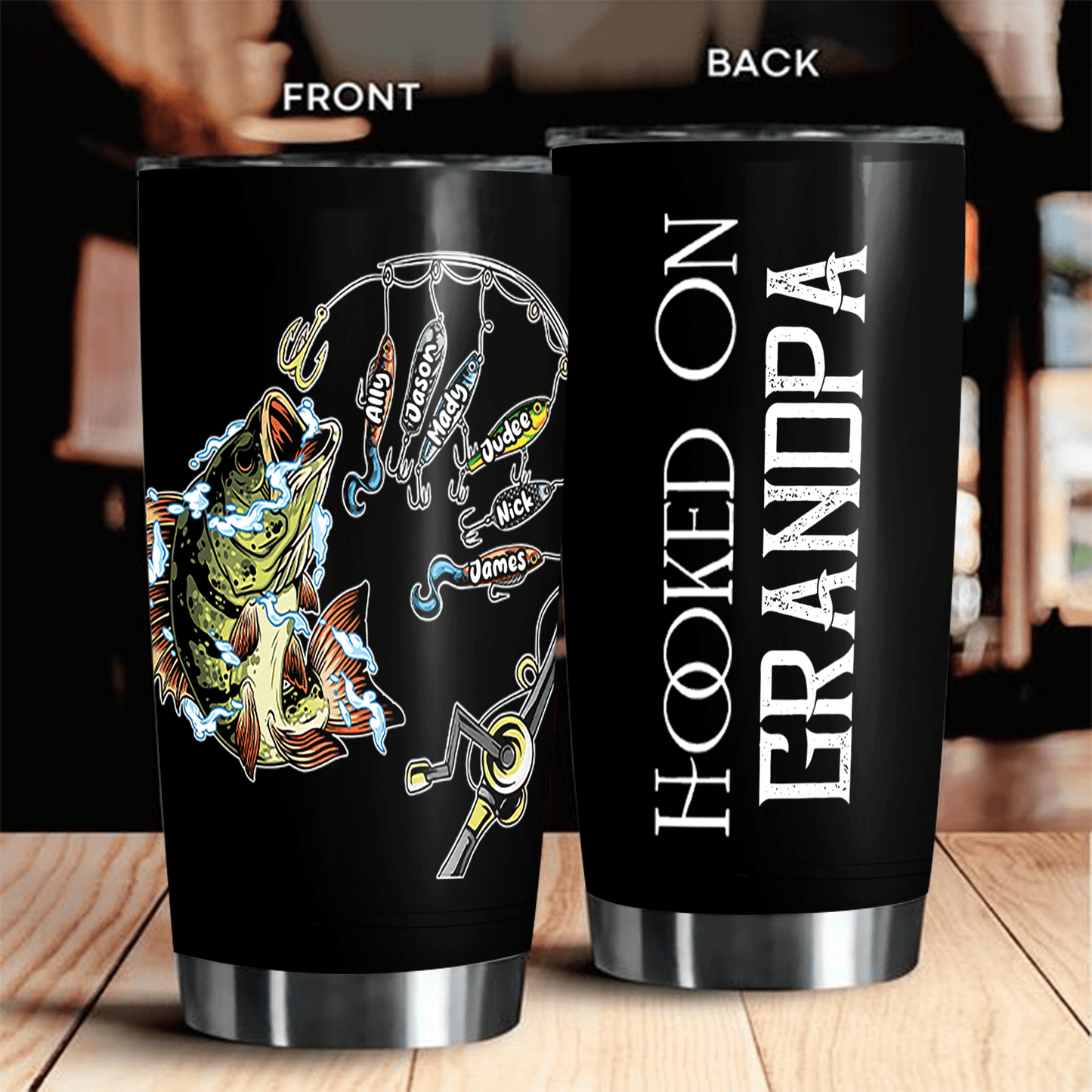 Hooked on Dad Fishing Dad Pun - Funny Fathers Day - Personalized Custom 20oz Fat Tumbler Cup - Birthday, Loving, Funny Gift for Grandfather/Dad/Father, Husband, Grandparent