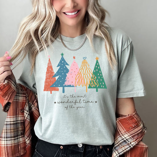 Most Wonderful Time Retro Christmas Trees, Colorful, Comfort Colors Tshirt