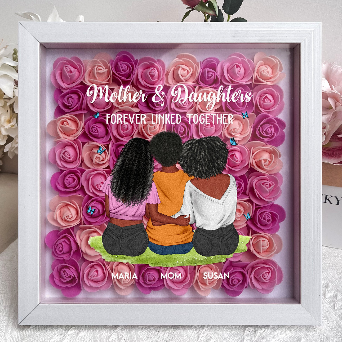Mother & Daughter Forever Linked Together - Personalized Flower Shadow Box - Gift For Mom, Mother's Day