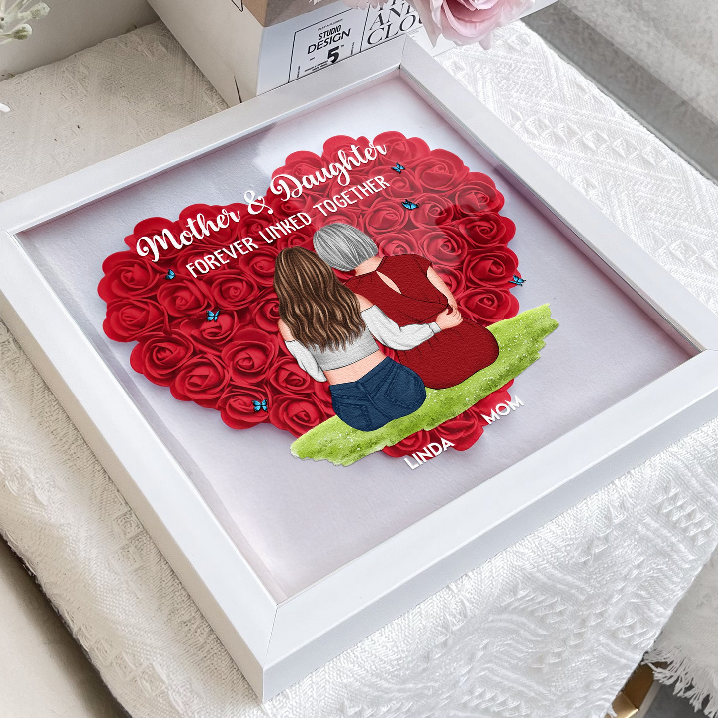Mother & Daughter Forever Linked Together - Personalized Flower Shadow Box - Gift For Mom, Mother's Day