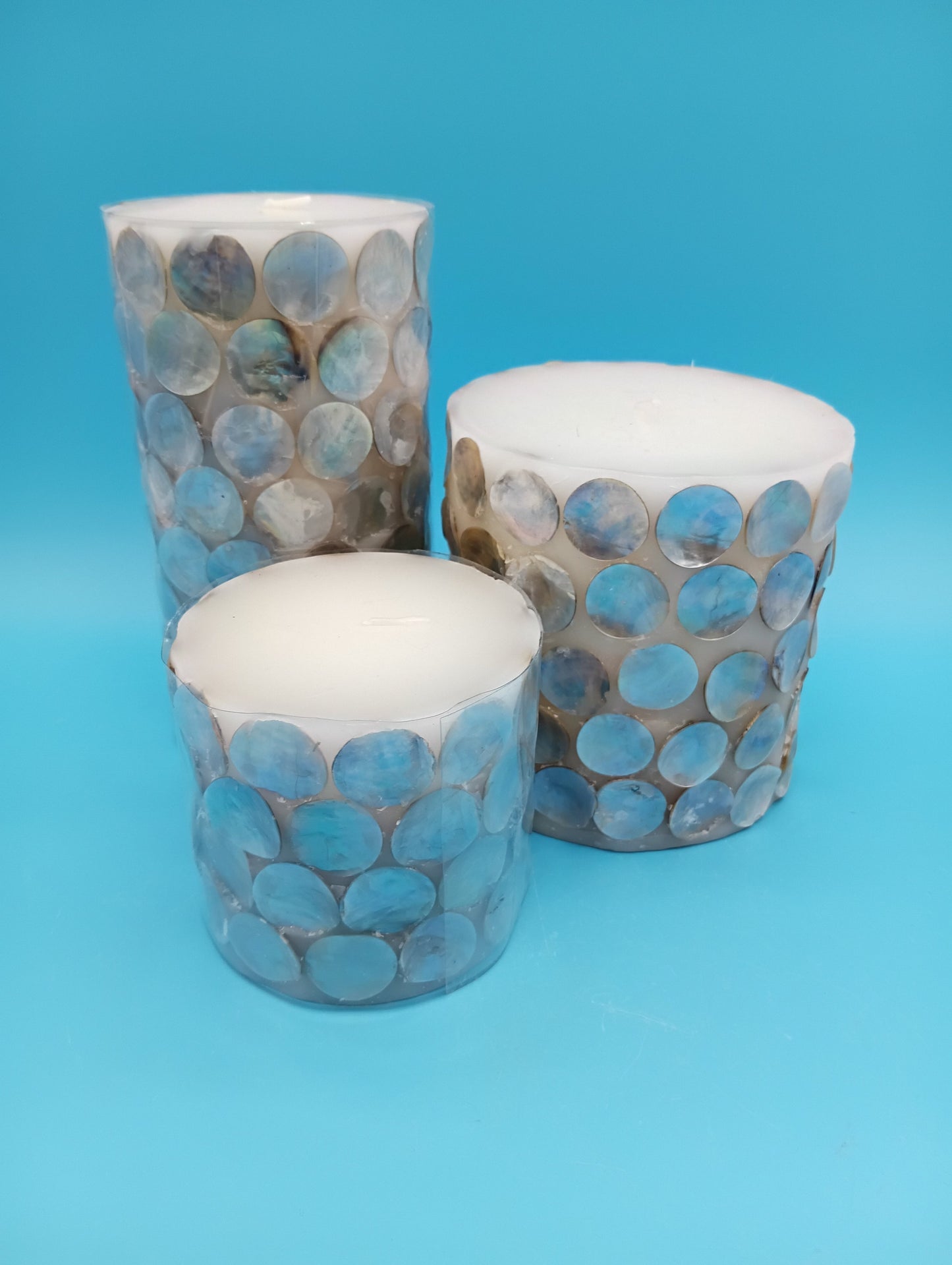 Mother of Pearl Shell Accent Candles – Coastal Décor in 3 Sizes