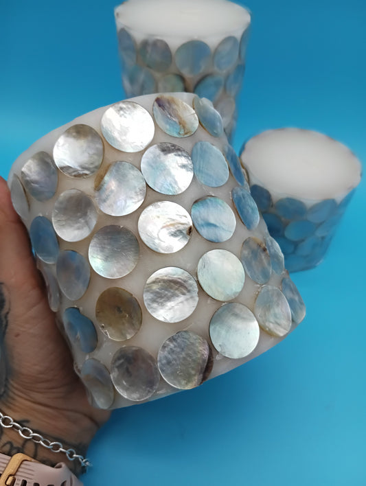 Mother of Pearl Shell Accent Candles – Coastal Décor in 3 Sizes