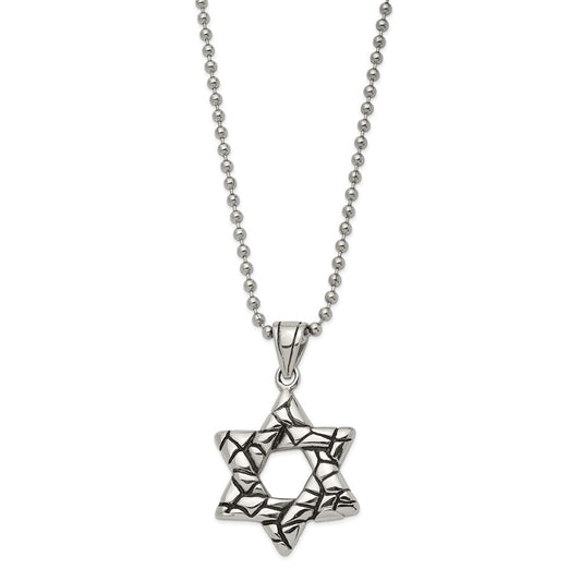 Men's Stainless Steel Antiqued 3D Star of David Necklace, 24 Inch