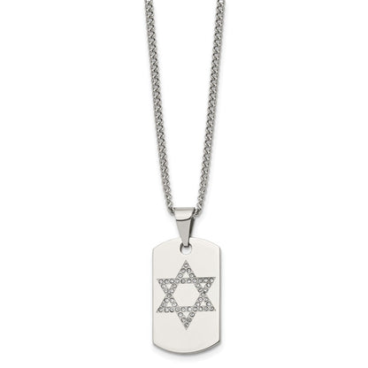 Stainless Steel & CZ Small Star of David Dog Tag Necklace, 22 Inch