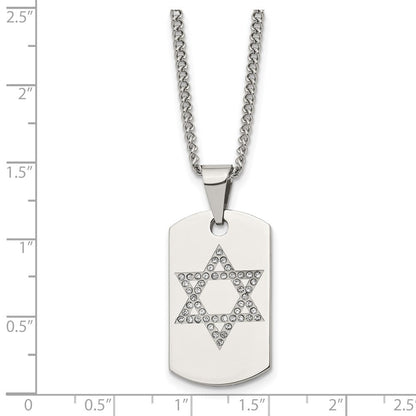 Stainless Steel & CZ Small Star of David Dog Tag Necklace, 22 Inch