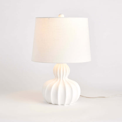 White Carved Wood Table Lamp with Curved Base