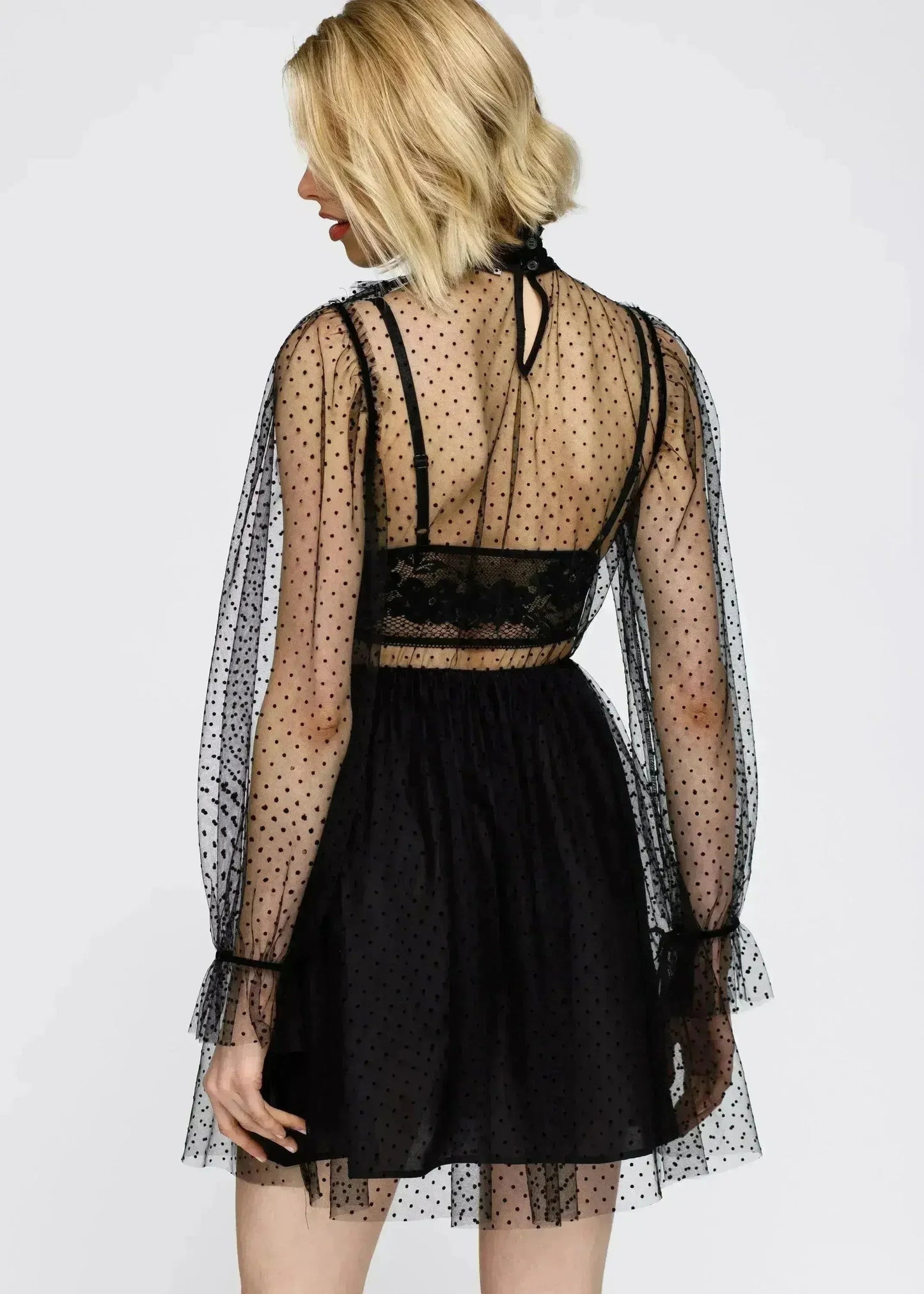Women's Polka Dot Mesh Smocked Neck Flare Dress In Black