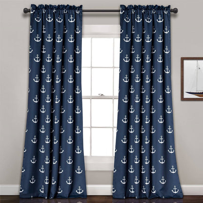 2 Panel 84"L x 52"W Navy Nautical Anchors Window Curtain Set