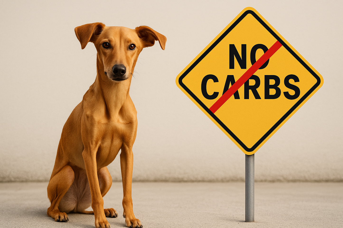Dog sitting next to a 'No Carbs' sign on a plain background