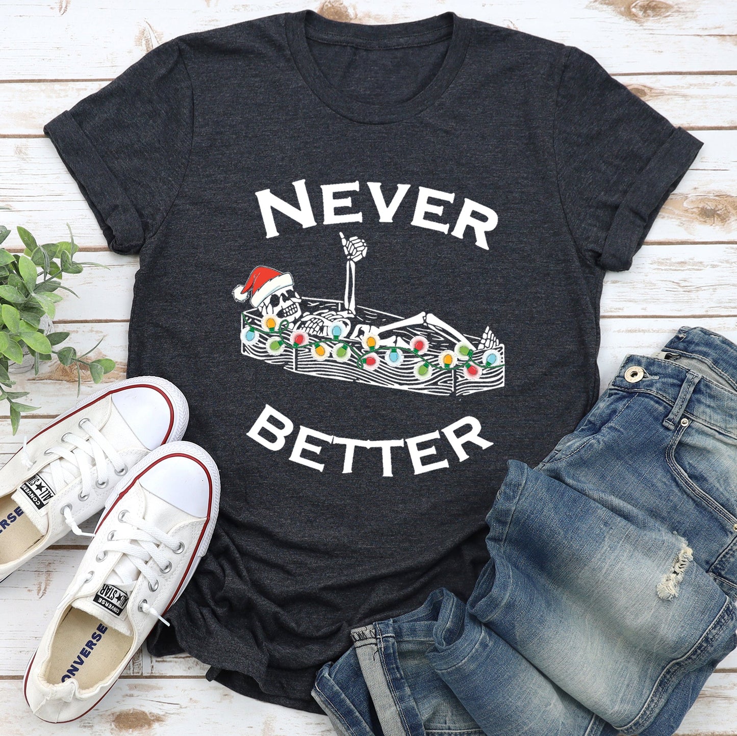 Never Better Christmas Skeleton, Retro Super Soft Tees