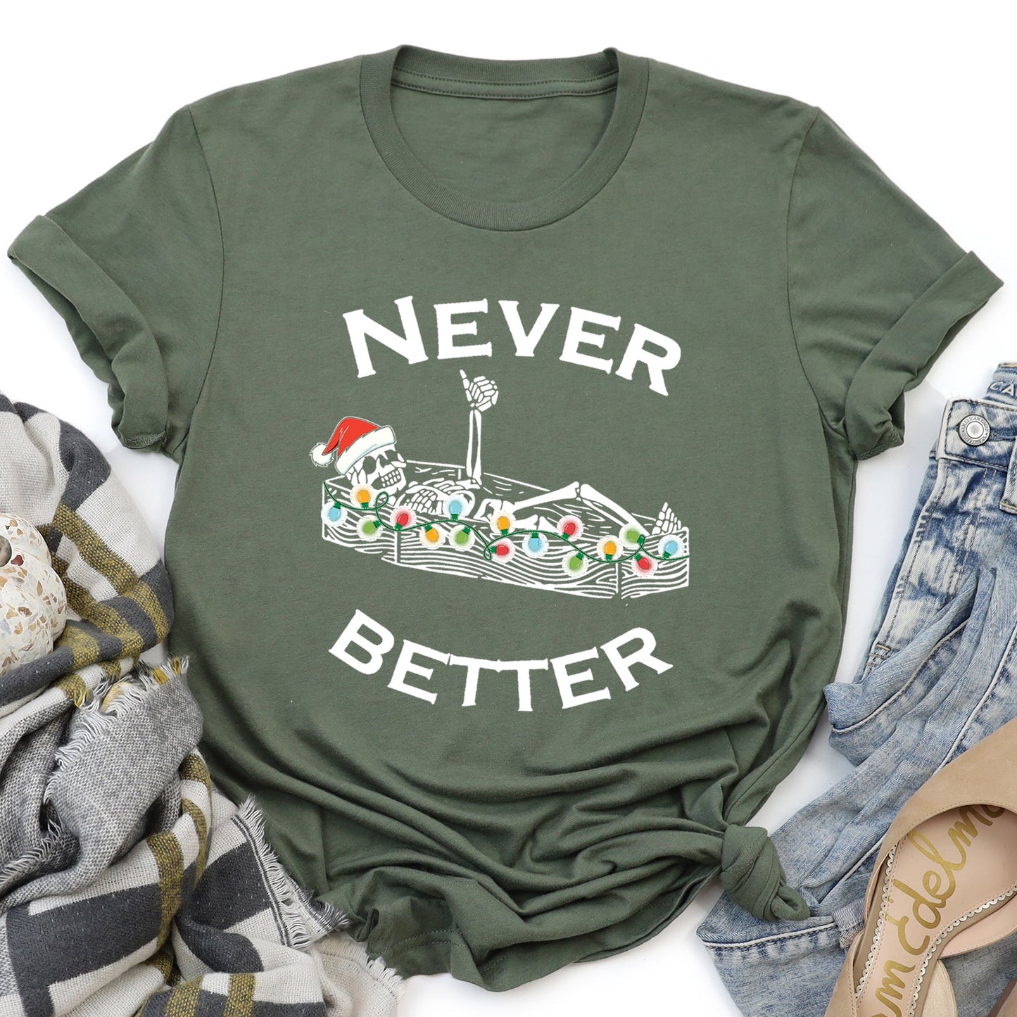 Never Better Christmas Skeleton, Retro Super Soft Tees