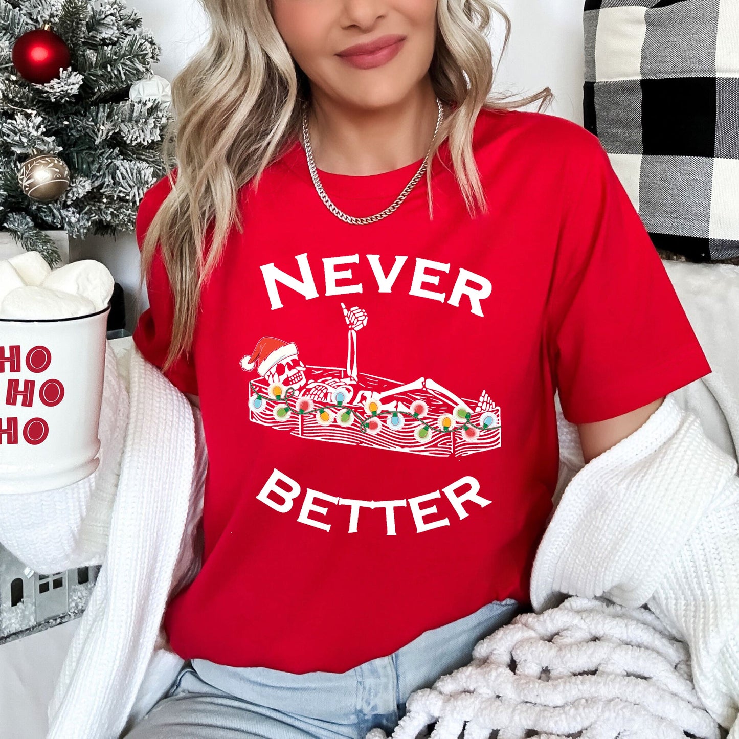 Never Better Christmas Skeleton, Retro Super Soft Tees