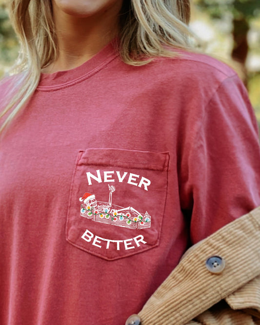 Never Better, Christmas Pocket, Skeleton, Funny, Santa, Winter, Snow, Xmas Pocket Tee Comfort Colors T-Shirt