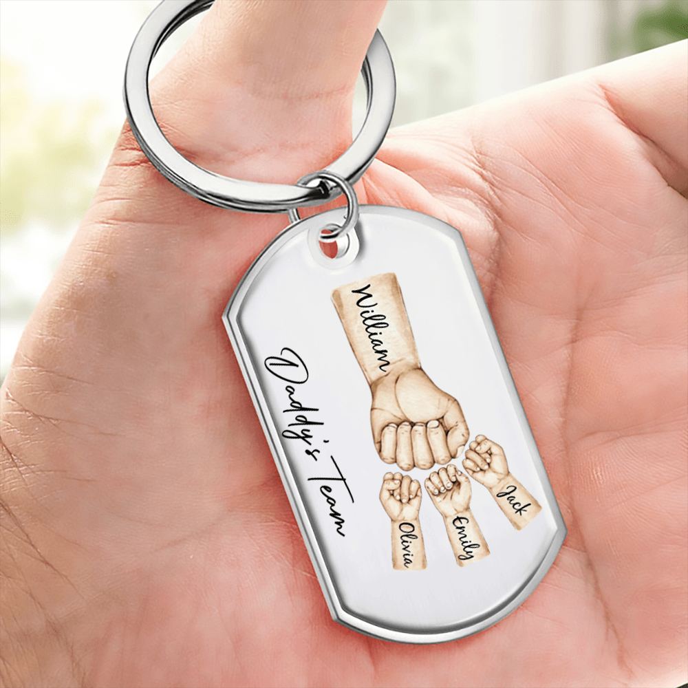 Daddy's Team Fist Bump - Personalized Stainless Steel Keychain - Custom Gift Idea for Dad, Papa, Grandpa, Daddy, Dada | Father's Day