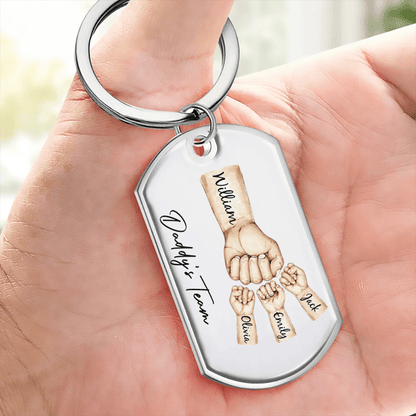 Daddy's Team Fist Bump - Personalized Stainless Steel Keychain - Custom Gift Idea for Dad, Papa, Grandpa, Daddy, Dada | Father's Day