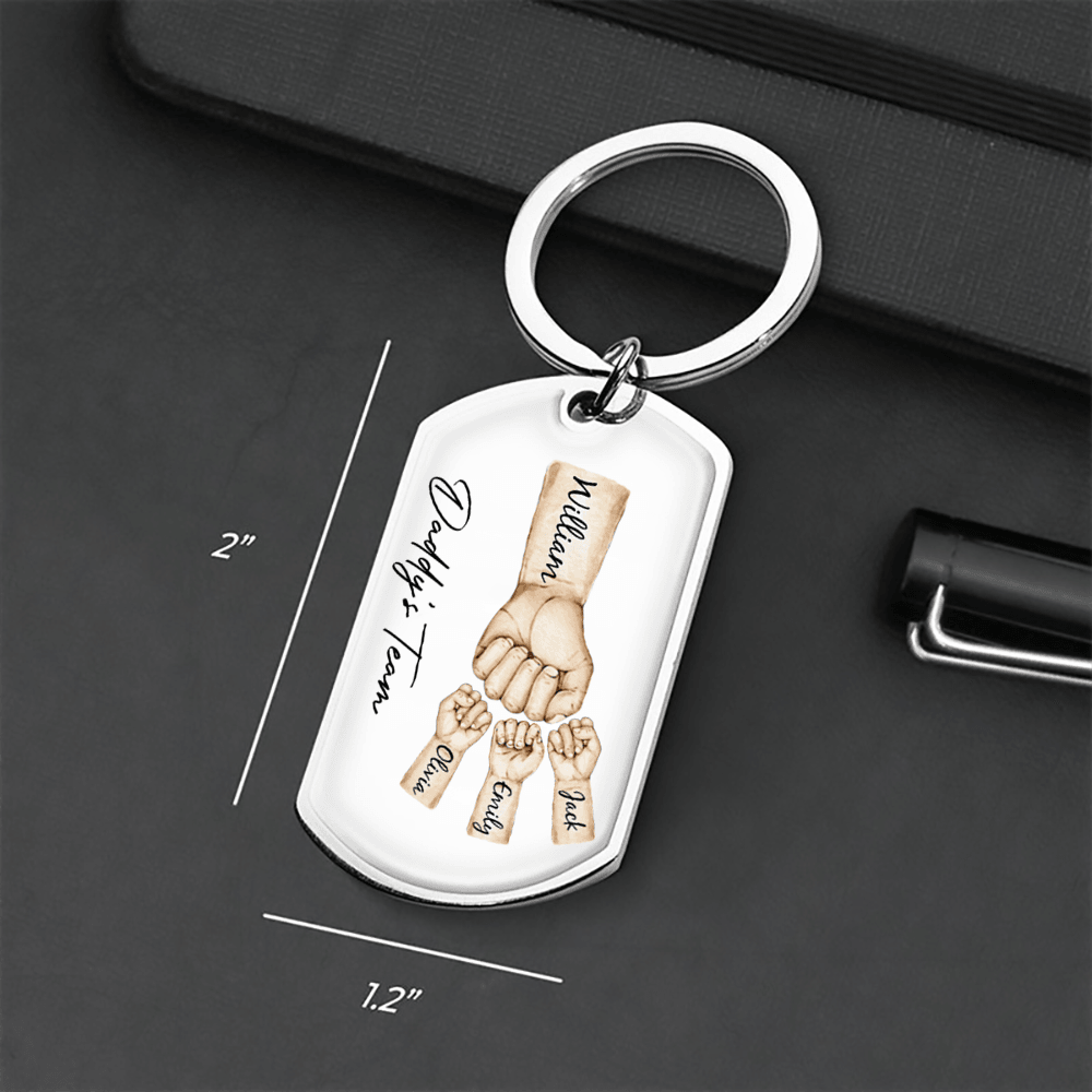 Daddy's Team Fist Bump - Personalized Stainless Steel Keychain - Custom Gift Idea for Dad, Papa, Grandpa, Daddy, Dada | Father's Day