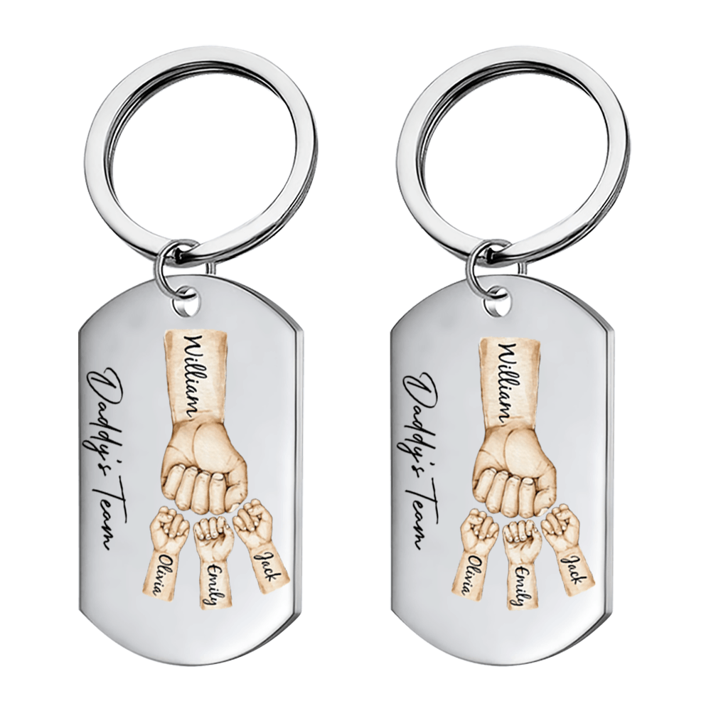 Daddy's Team Fist Bump - Personalized Stainless Steel Keychain - Custom Gift Idea for Dad, Papa, Grandpa, Daddy, Dada | Father's Day
