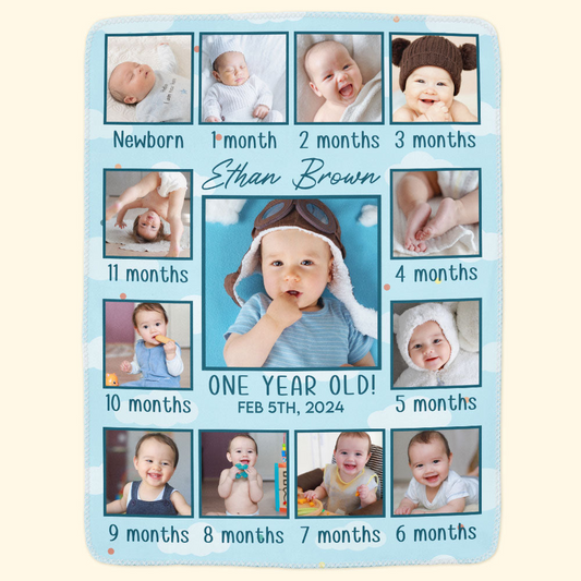 Custom Photo Newborn Kid Happy Month 1st Birthday - Personalized Custom Blanket - Gift for New Infant, Baby Girl, Boy, Granddaughter, Grandson