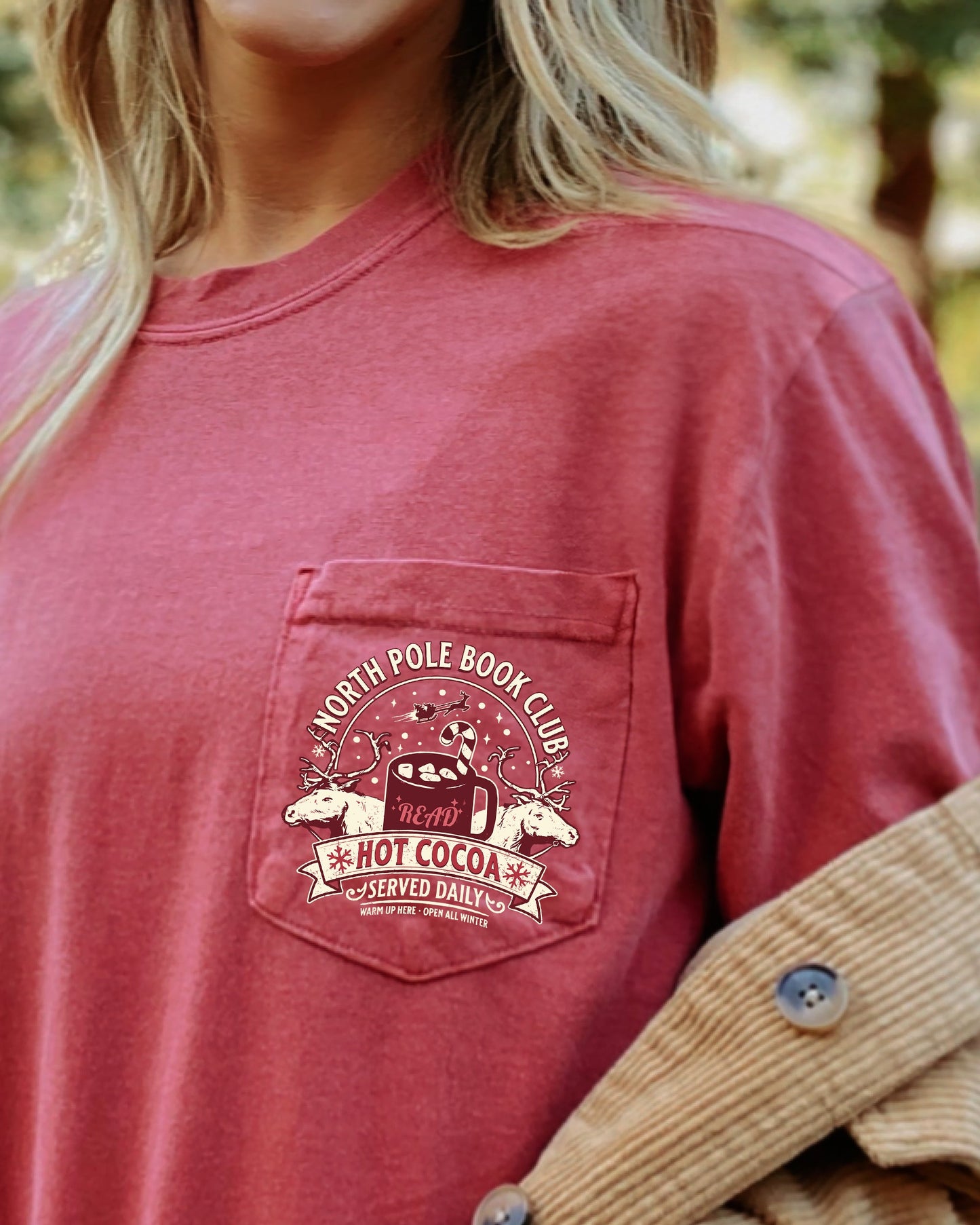 North Pole Book Club, Pocket, Hot Cocoa, Booktok, Christmas, Winter, Snow, Reindeer, Santa, Xmas Pocket Tee Comfort Colors T-Shirt