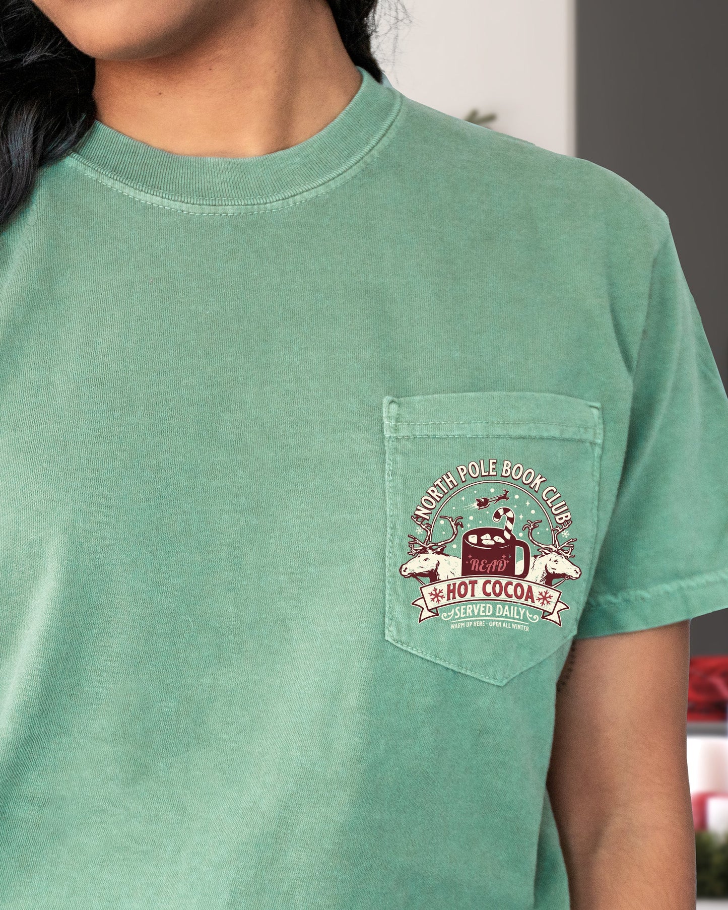 North Pole Book Club, Pocket, Hot Cocoa, Booktok, Christmas, Winter, Snow, Reindeer, Santa, Xmas Pocket Tee Comfort Colors T-Shirt