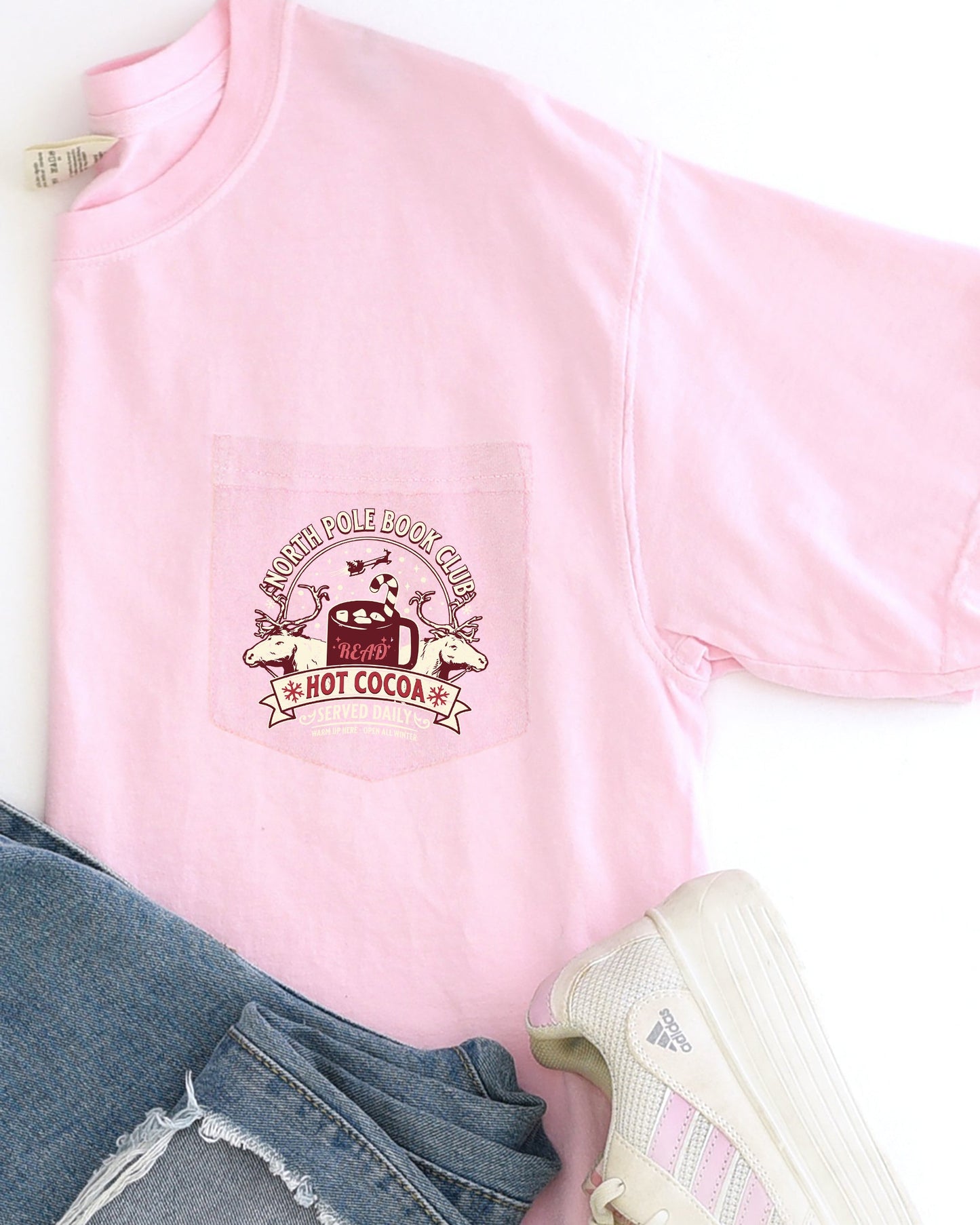 North Pole Book Club, Pocket, Hot Cocoa, Booktok, Christmas, Winter, Snow, Reindeer, Santa, Xmas Pocket Tee Comfort Colors T-Shirt