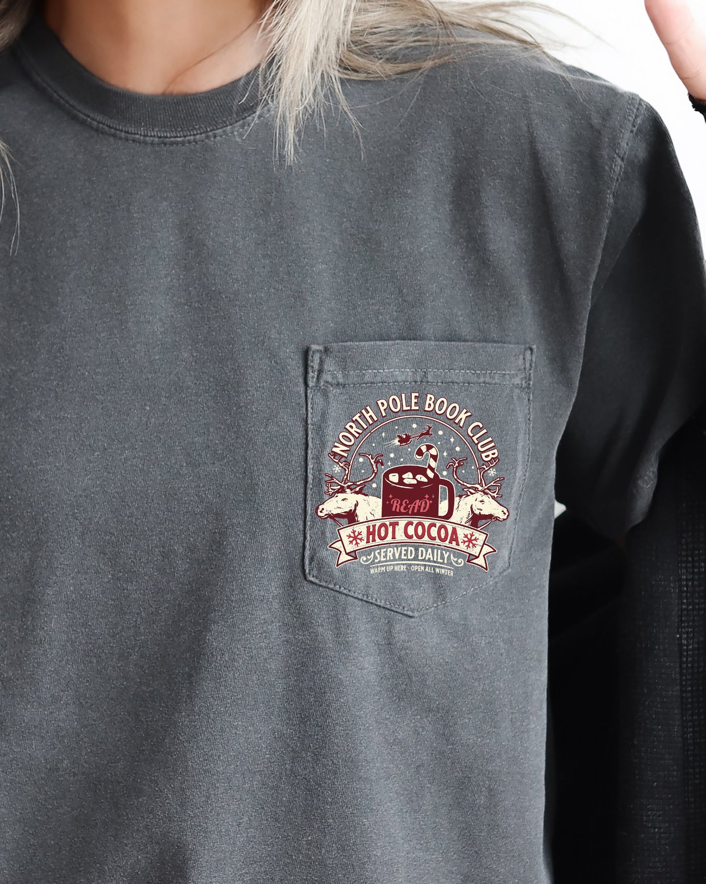 North Pole Book Club, Pocket, Hot Cocoa, Booktok, Christmas, Winter, Snow, Reindeer, Santa, Xmas Pocket Tee Comfort Colors T-Shirt