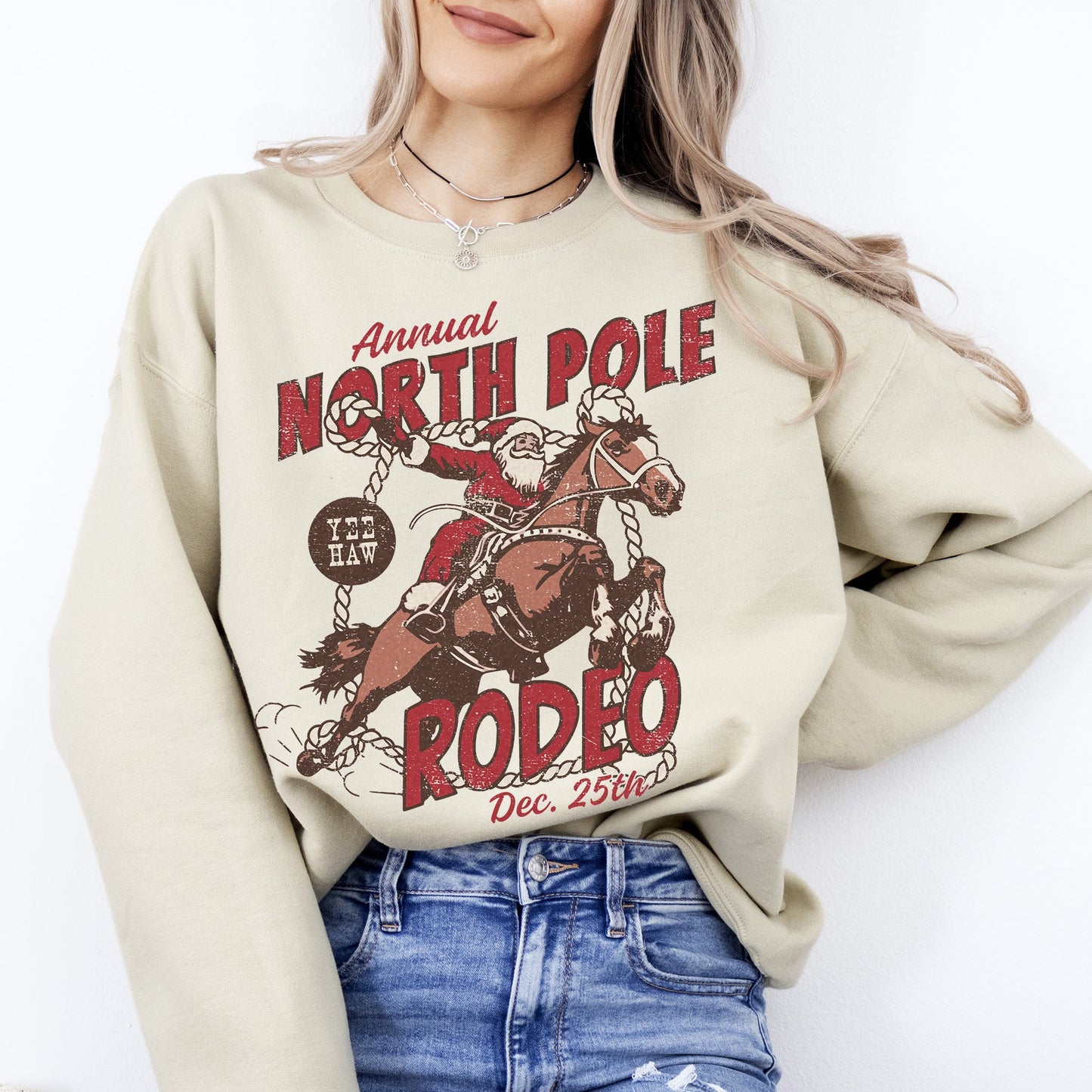 North Pole Rode, Santa, Christmas, Western, Cowboy, Yee Haw, Horse Sweatshirt