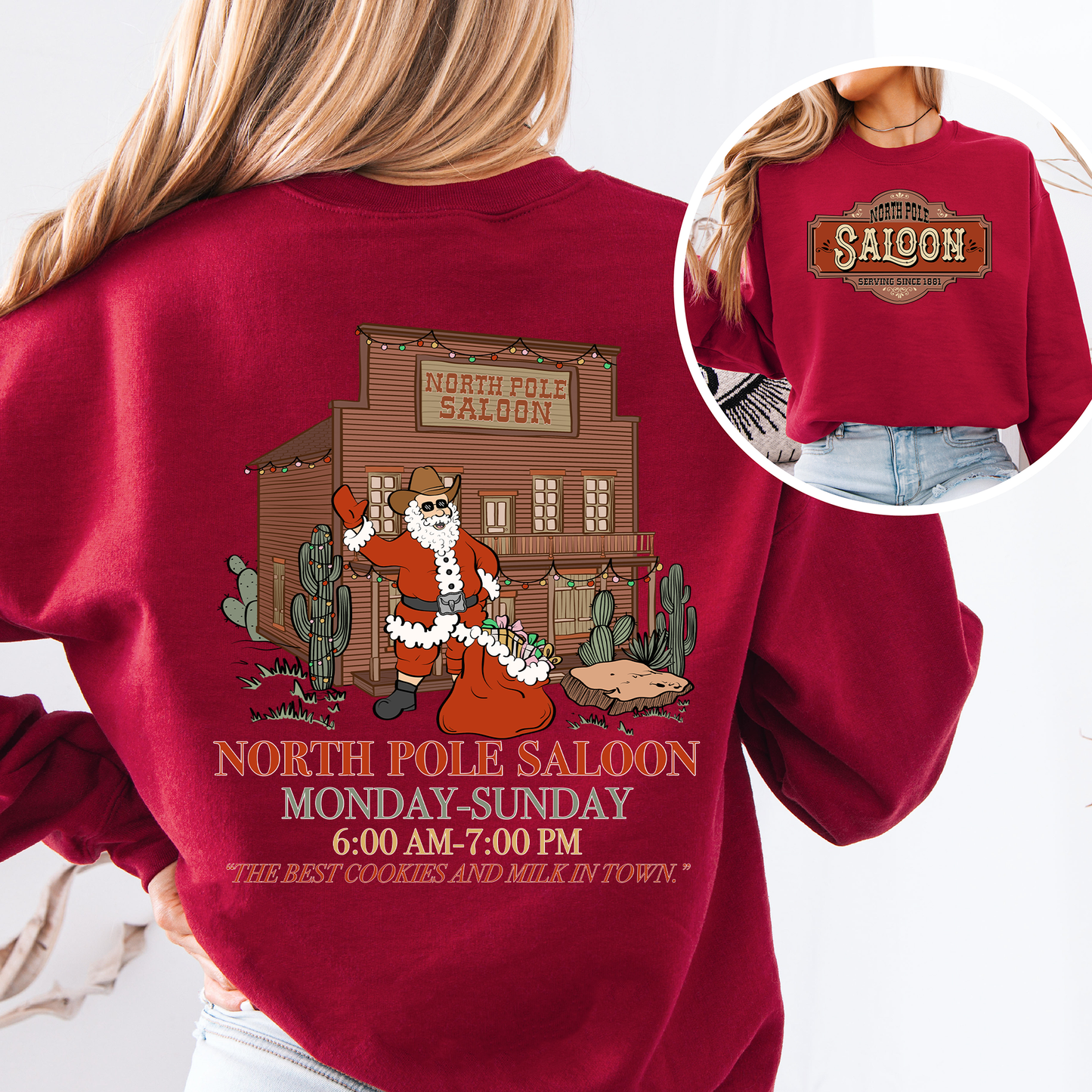 North Pole Saloon, Christmas Party, Santa, Funny, Front and Back Sweatshirt