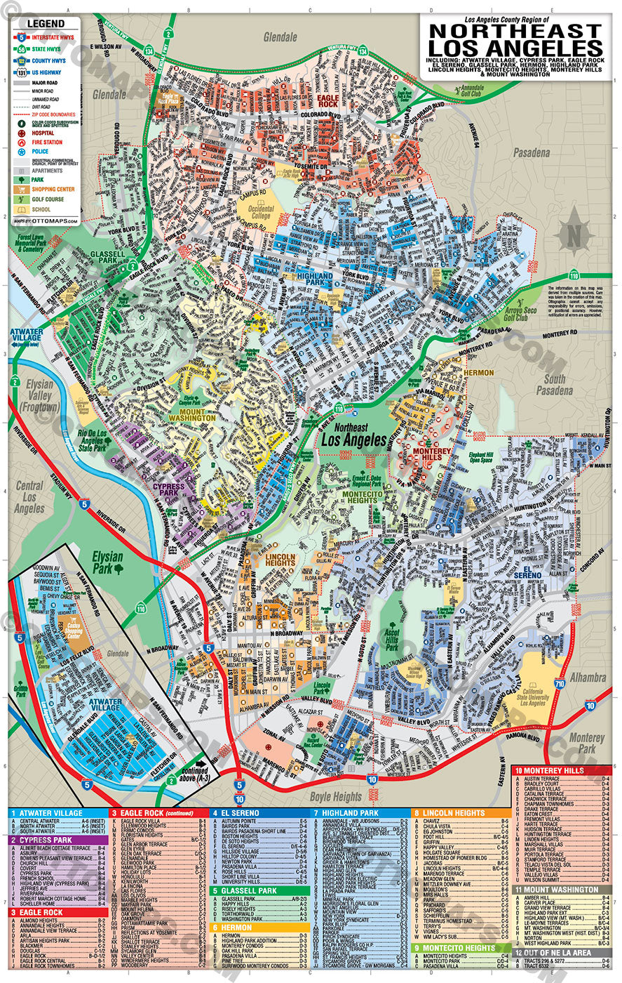 Northeast Los Angeles Map with Neighborhoods and Subdivisions - POSTER PRINTS