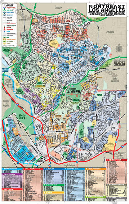 Northeast Los Angeles Map with Neighborhoods and Subdivisions - POSTER PRINTS