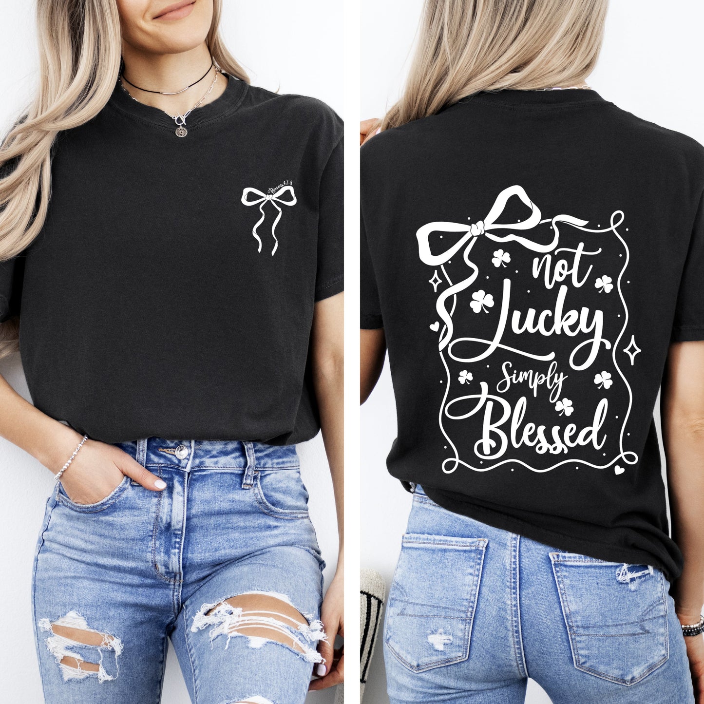 Not Lucky, Just Blessed, Ribbon, Bows, Coquette, Christian, St Patrick's Day, Shamrock, Clover, Lucky, Leprechaun Tshirt Comfort Colors T-Shirt