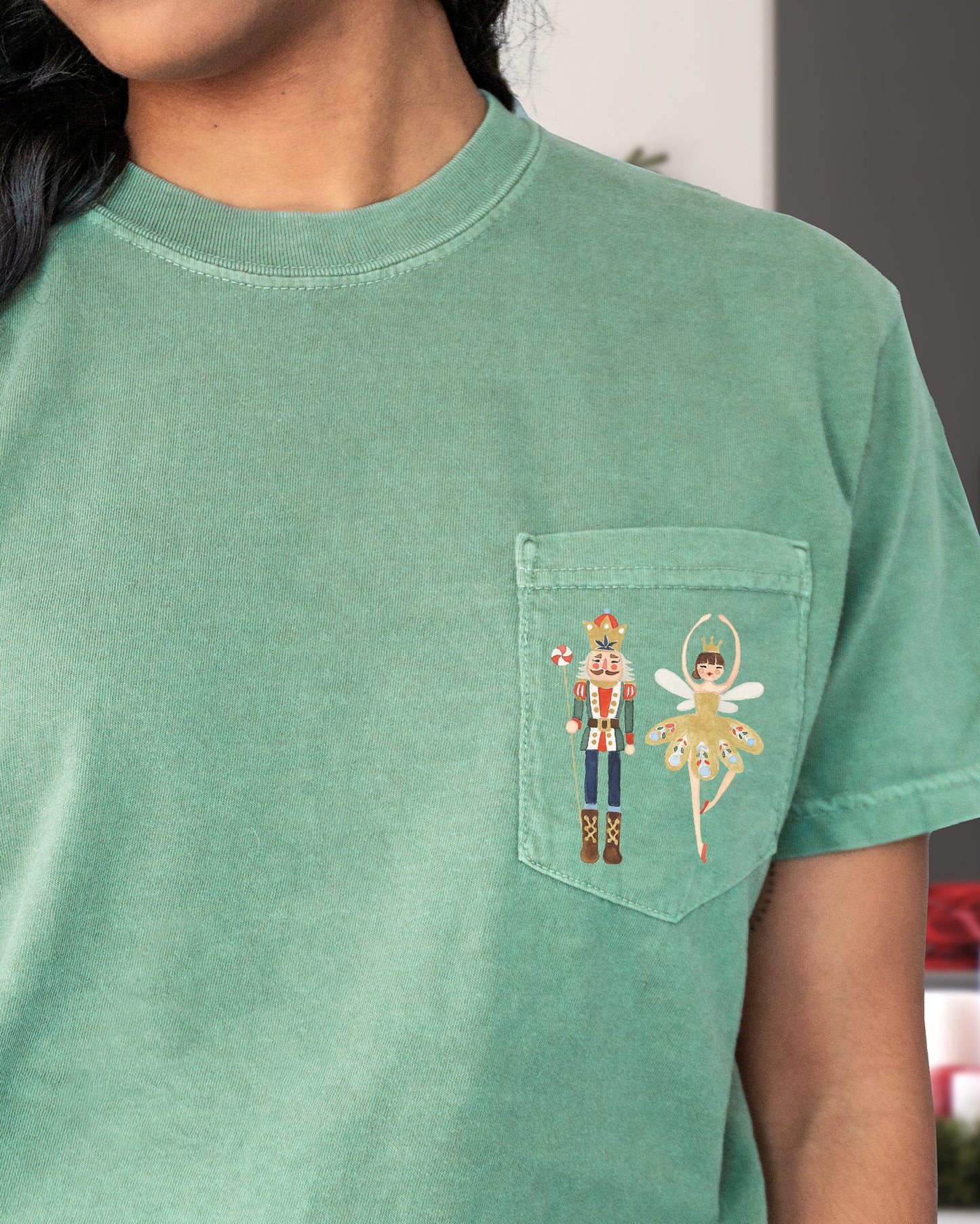 Nutcracker Ballet, Ballerina, Pocket, Christmas, Winter, Snow, Santa, Xmas Pocket Tee Comfort Colors T-Shirt