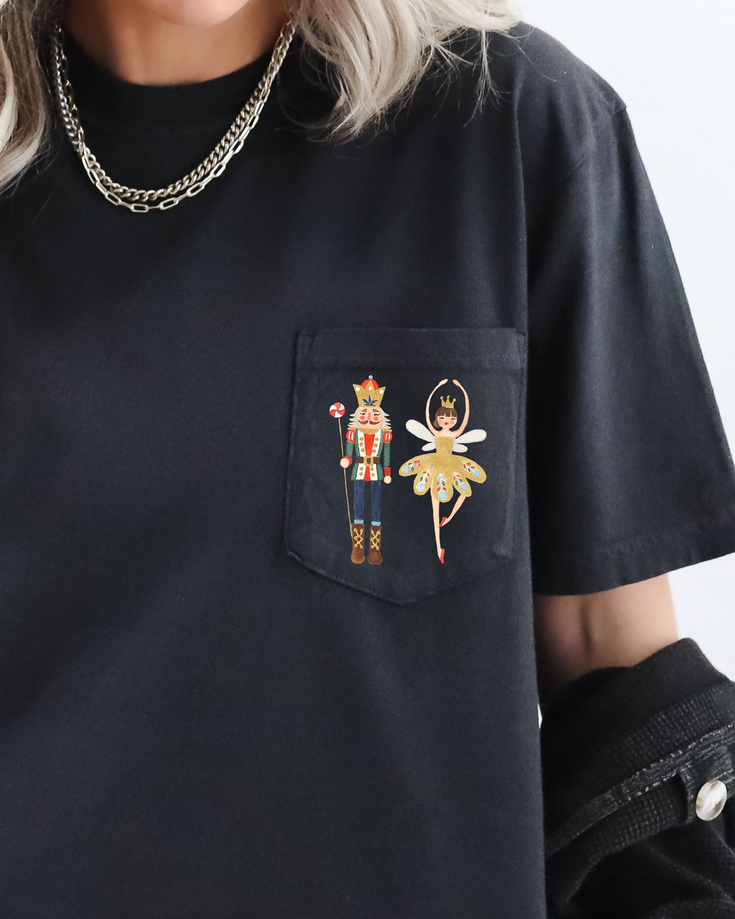 Nutcracker Ballet, Ballerina, Pocket, Christmas, Winter, Snow, Santa, Xmas Pocket Tee Comfort Colors T-Shirt