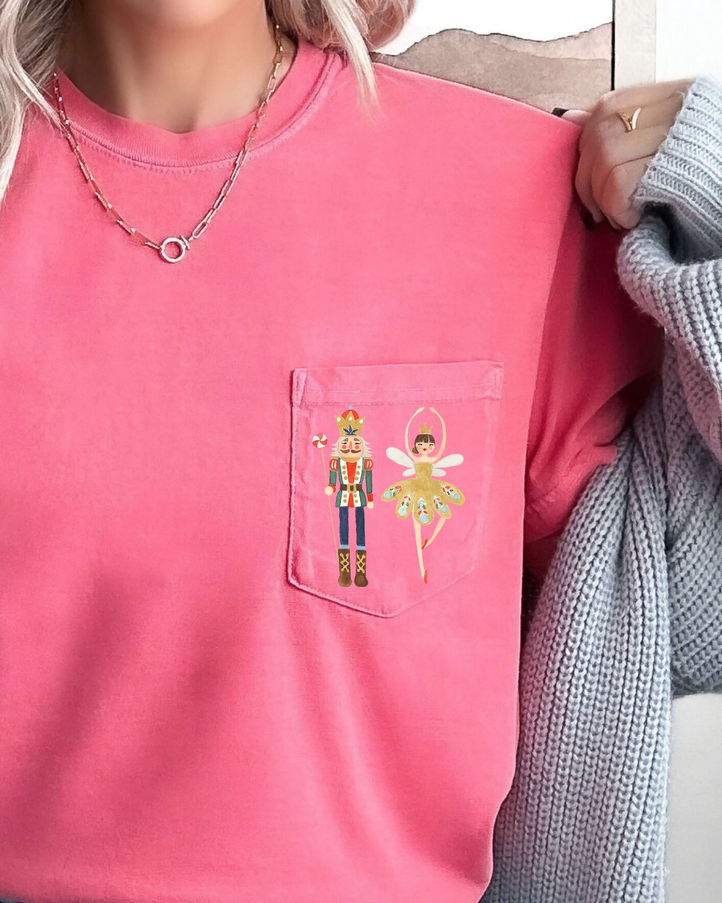 Nutcracker Ballet, Ballerina, Pocket, Christmas, Winter, Snow, Santa, Xmas Pocket Tee Comfort Colors T-Shirt