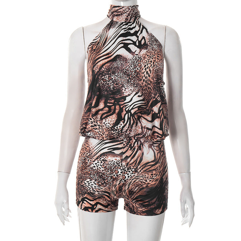 Women Sexy Tiger Stripe Pattern Halter Strap Backless Waist Trimming Super Short Shorts Jumpsuit