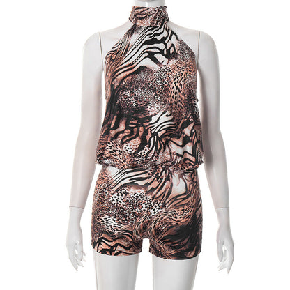 Women Sexy Tiger Stripe Pattern Halter Strap Backless Waist Trimming Super Short Shorts Jumpsuit