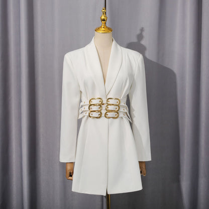 Fashionable Blazer Women Autumn Office Belt Slim Design Solid Color Small Blazers