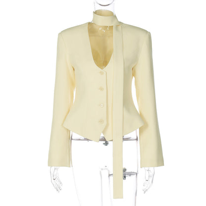 Women Clothing Autumn Elegant Cardigan Button Small Blazers Slim Solid Color Coat