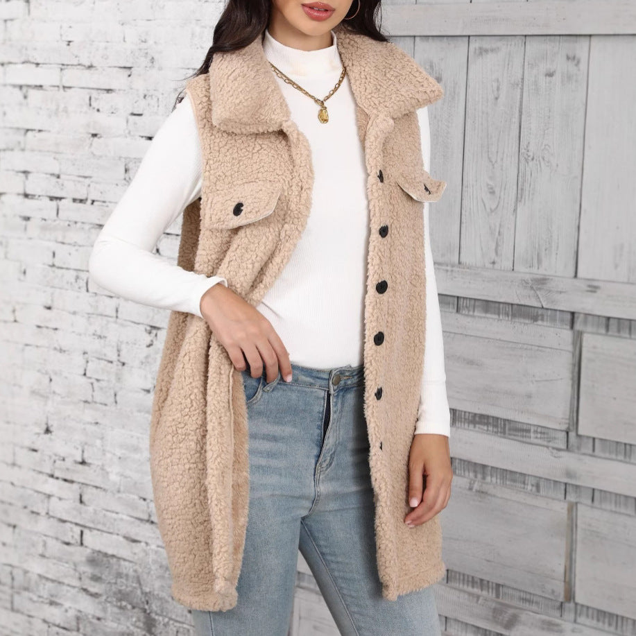Autumn Winter Women Clothing Collared Sleeveless Loose Pointed Bubble Cardigan Plush Vest