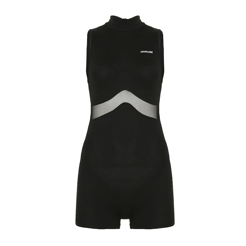 Street Mesh Stitching Hollow Out Cutout Sleeveless Romper Sexy Solid Color Tight Sports Waist Shaping Trousers