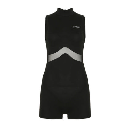 Street Mesh Stitching Hollow Out Cutout Sleeveless Romper Sexy Solid Color Tight Sports Waist Shaping Trousers