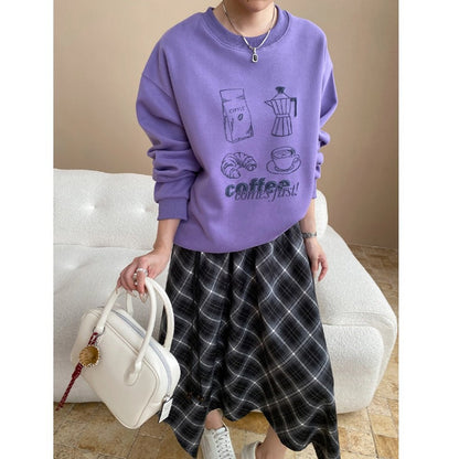Atmosphere Fun Coffee Bread Printing round Neck Loose Pullover Sweater